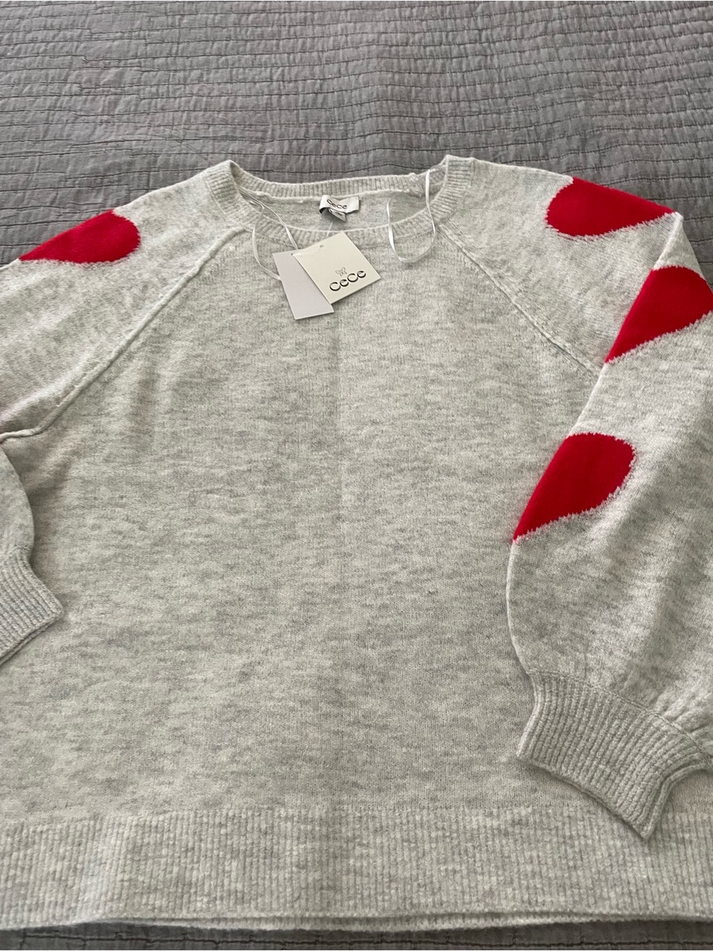 CeCe Light Gray Crewneck Sweater with Red Heart Elbow Patches